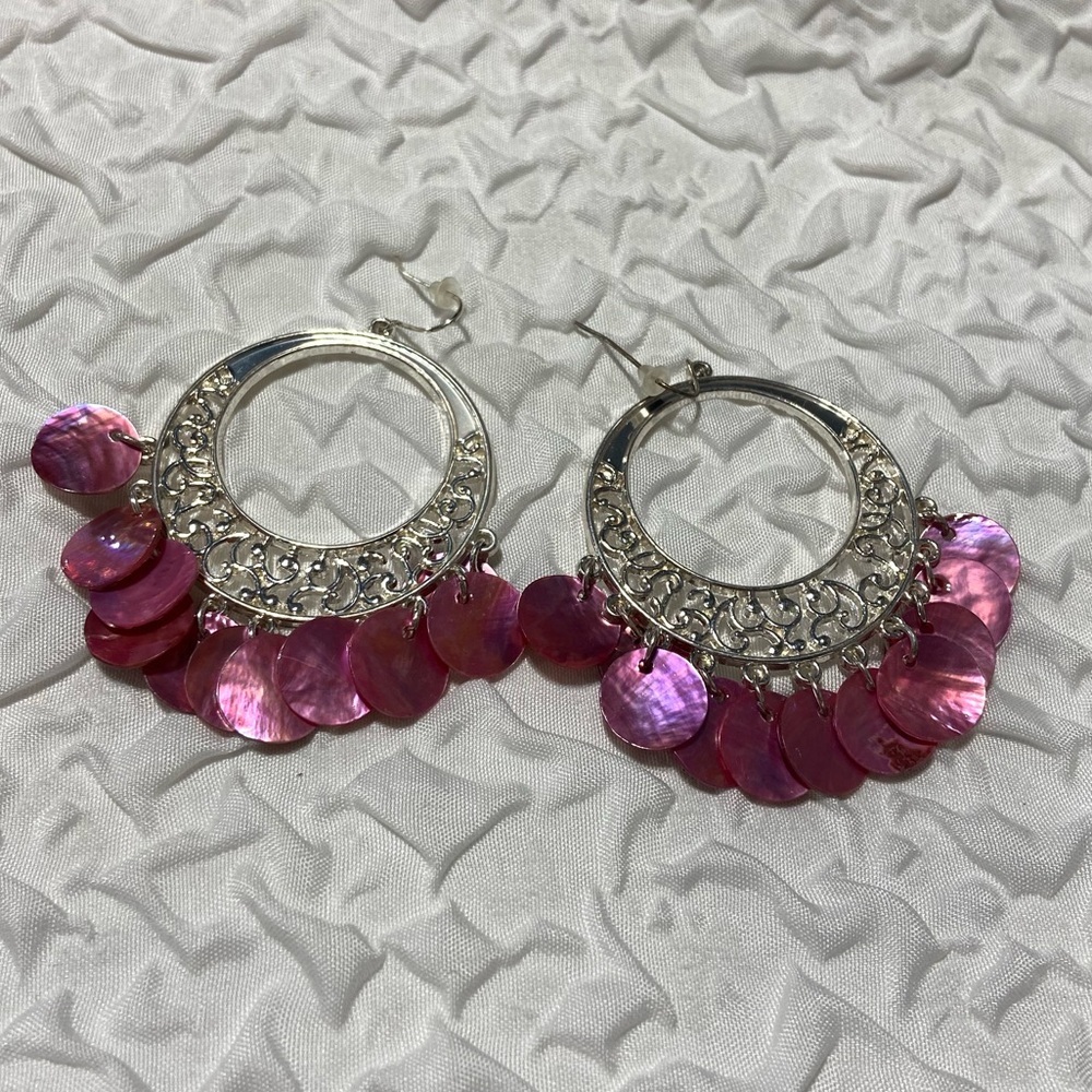 Vintage costume jewelry Silver in color Hoop Earrings with Pink Accents